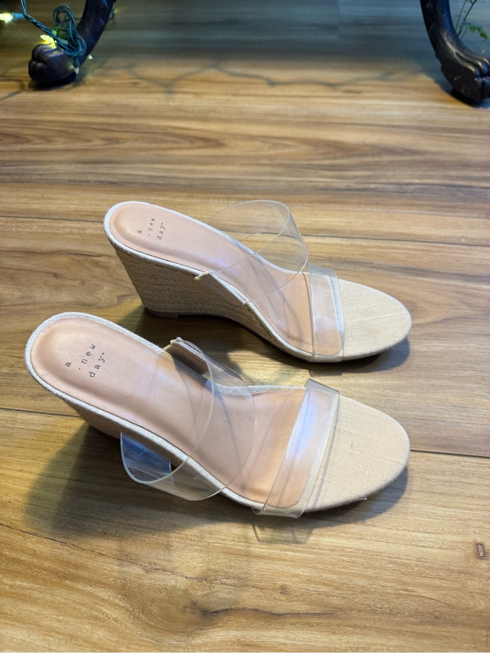 a new day Beige Espadrilles Wedge Sandals with Clear Straps Size 10
